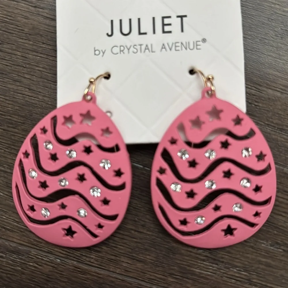 Juliet By Crystal Avenue cutout Easter Egg,clear rhinestone post drop earrings
